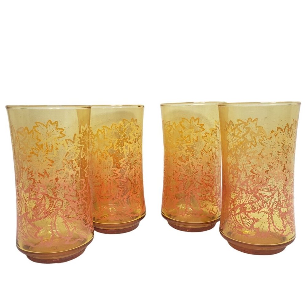 Vintage Libbey Ombre Floral Ice Tea Drinking Glasses Set of 4